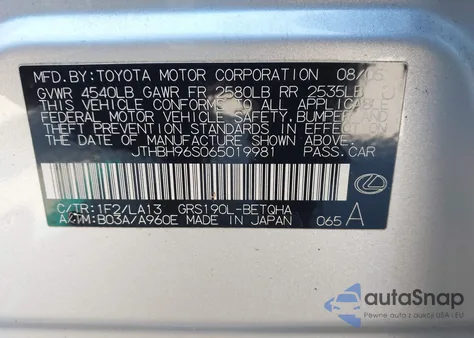 2006 Lexus Gs 300 z USA, uszkodzony, nr VIN JTHBH96S065019981